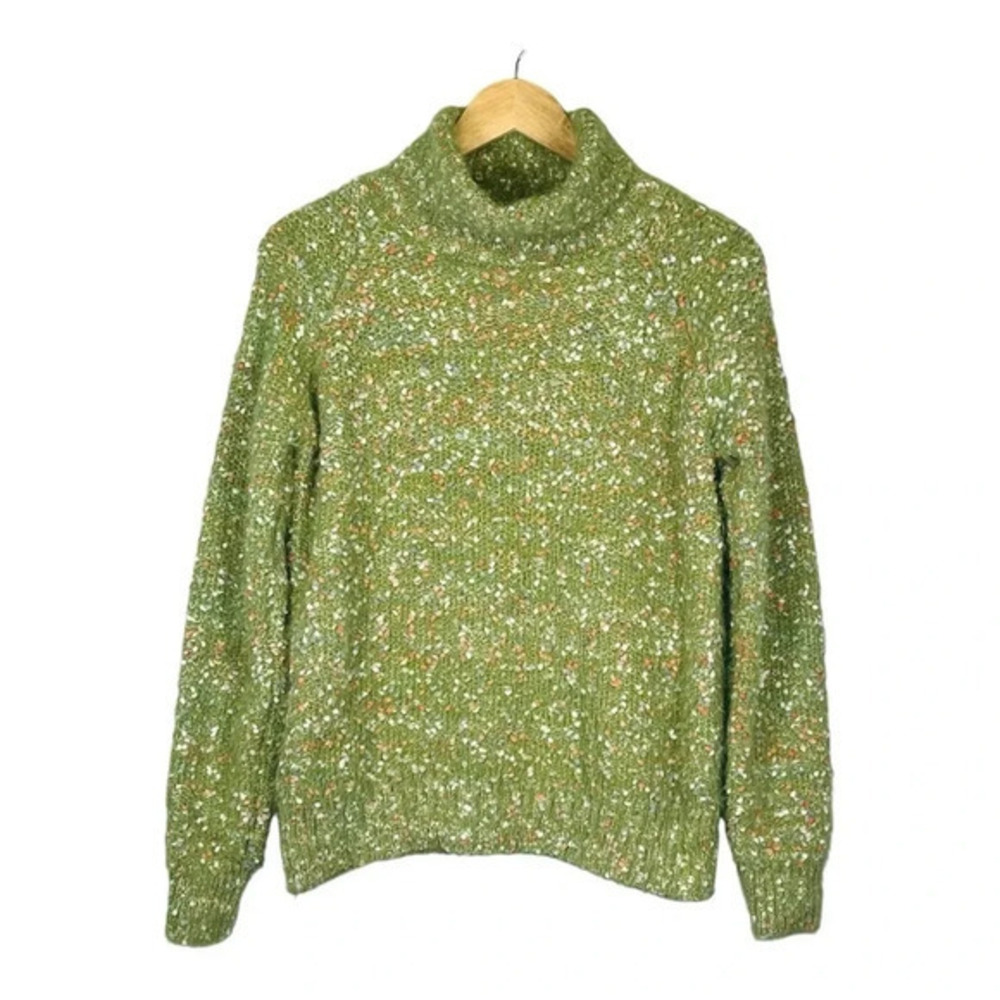 Adora Confetti Knit Turtleneck Sweater Womens Small Green CES#2380G Fuzzy‎ Boho